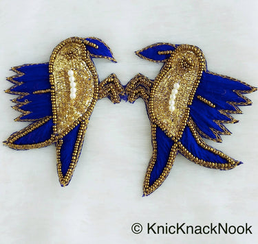 Embroidered Birds Pair Applique With Beige / Red / Blue And Antique Gold Embroidery, Gold And Pearl Beads
